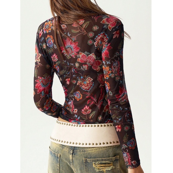 Black Multicolor Floral Print Mesh Sheer Shirt Top - Picture 7 of 9